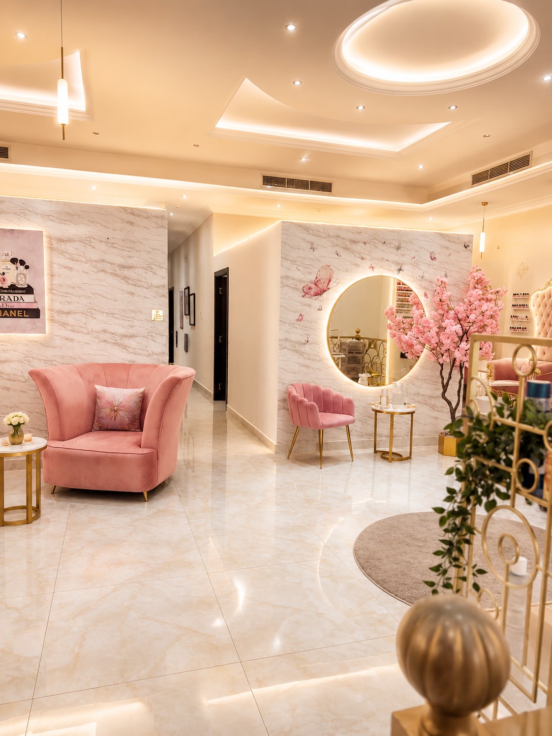 Bella Vie salon interior with soft pink armchairs and marble floors